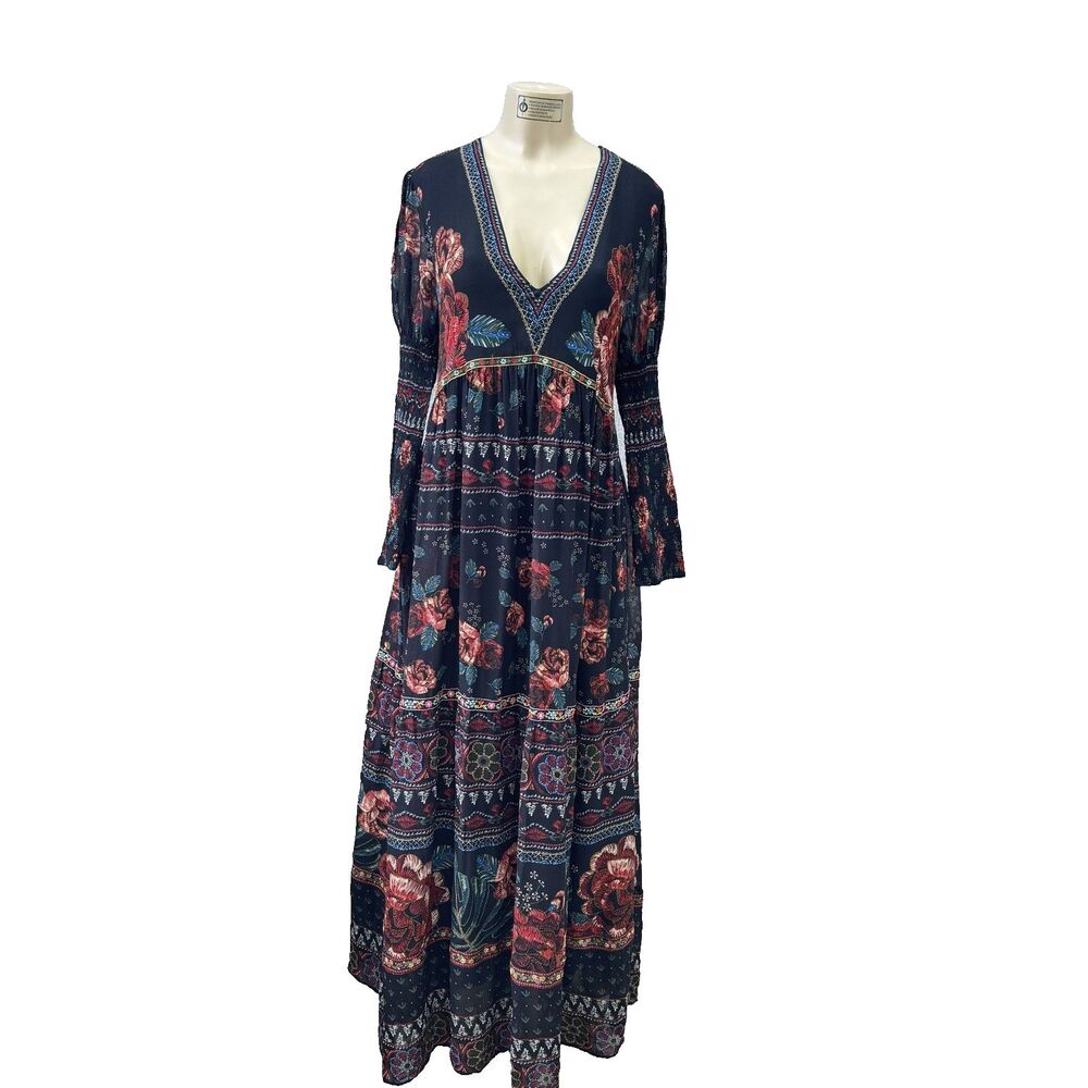 FARM Rio XL Black Floral Embroidered Print Deep V-Neck Smocked Boho Maxi Dress - Picture 2 of 11